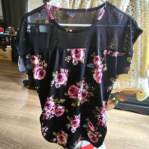 Black Floral Print Blouse, Size Medium